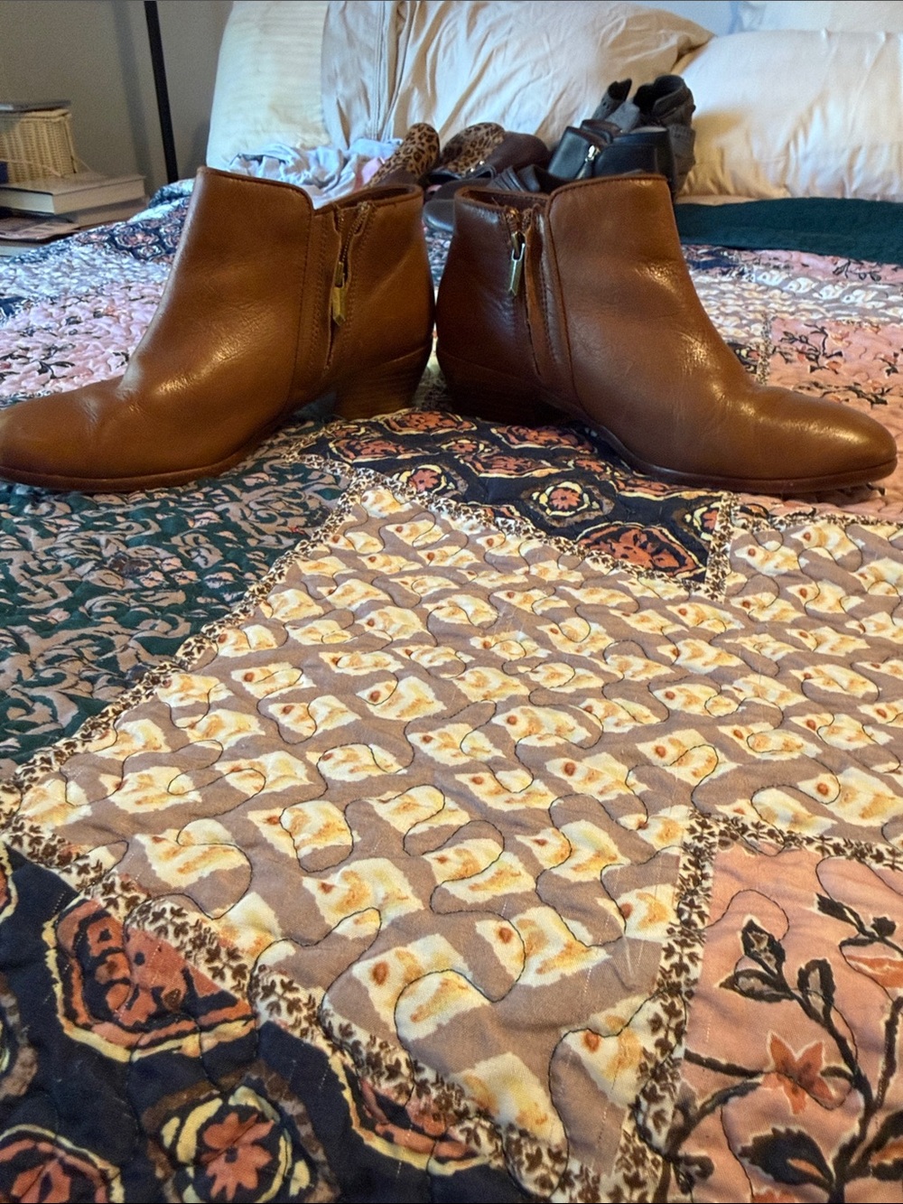 Sam Edelman Cognac Brown Leather Ankle Booties with Side Zip